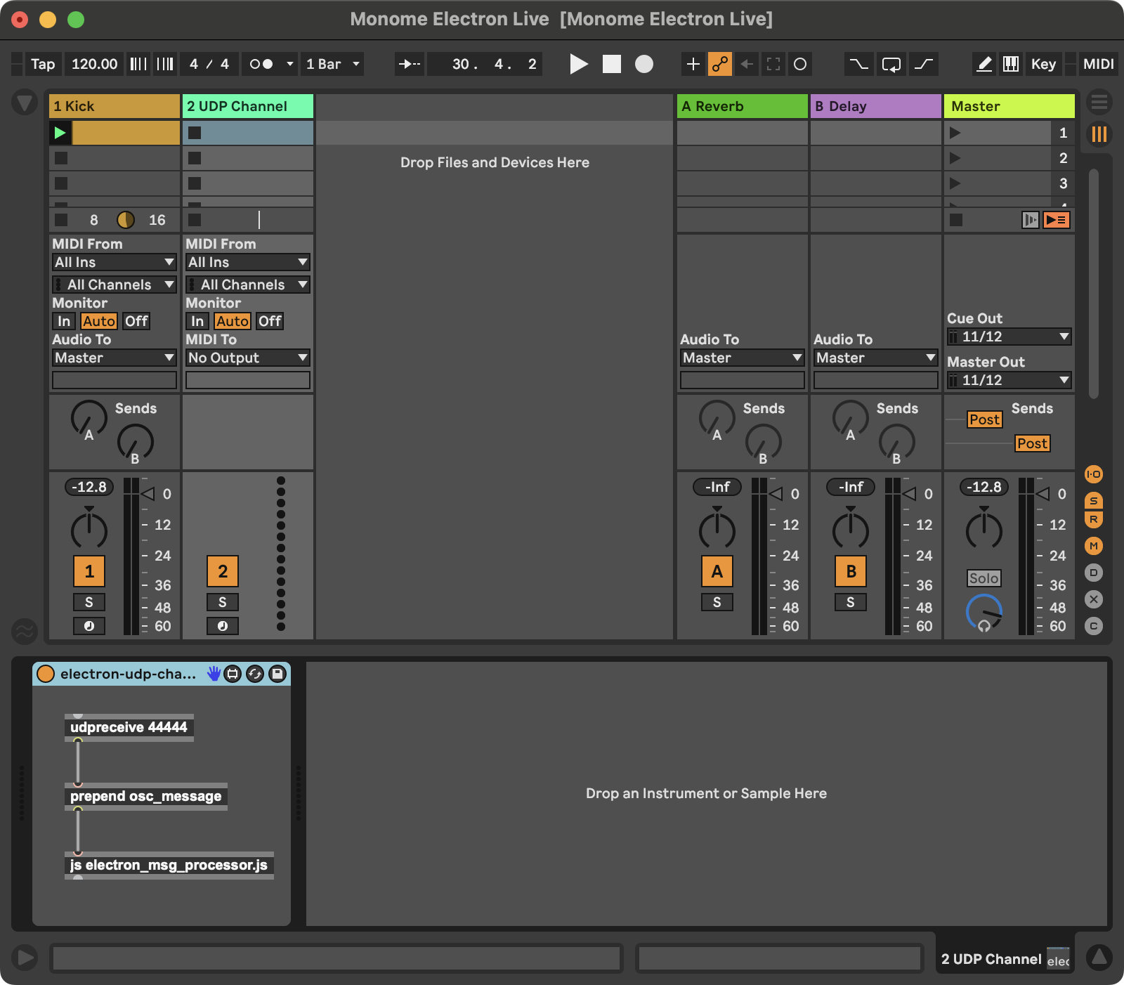 Screenshot of electron-udp-channel.amxd Max for Live device