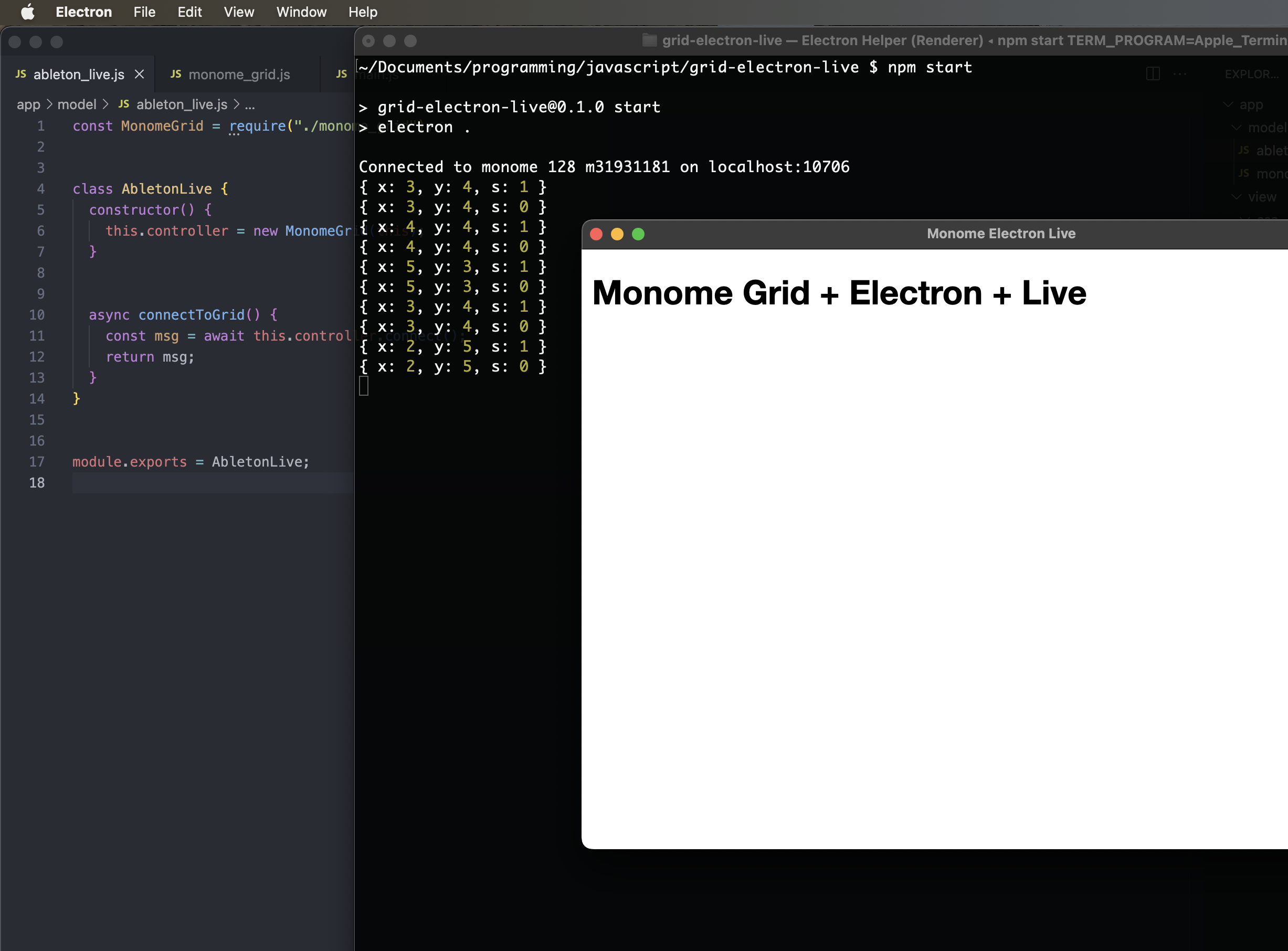 Screenshot of the Electron app running in with key press events logging to the console