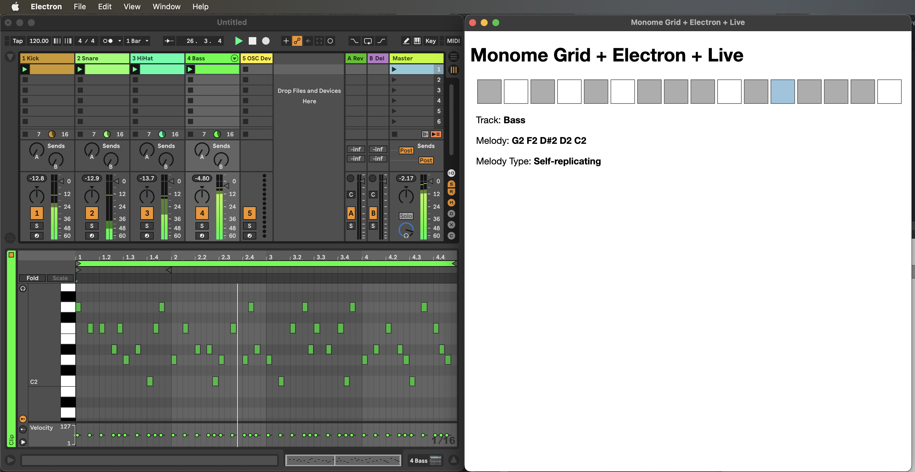 Screenshot of Ableton Live and the Electron sequencer app showing a self-replicating melody